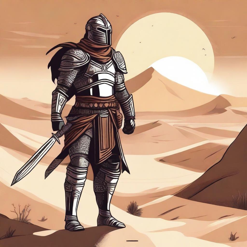 A detailed illustration of a human warrior from a desertic land