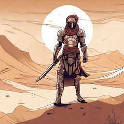 A detailed illustration of a human warrior from a desertic land