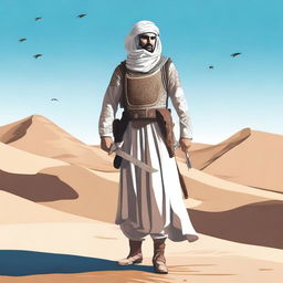 A detailed illustration of an Arabic soldier in traditional attire, standing valiantly with a sword and shield