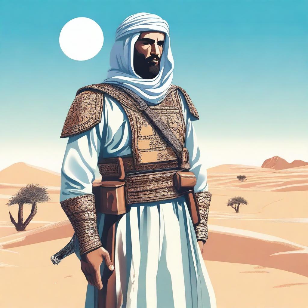 A detailed illustration of an Arabic soldier in traditional attire, standing valiantly with a sword and shield