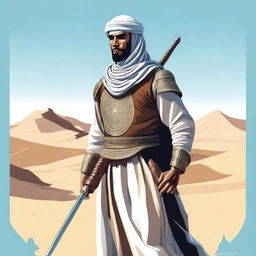 A detailed illustration of an Arabic soldier in traditional attire, standing valiantly with a sword and shield