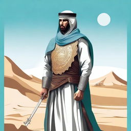 A detailed illustration of an Arabic soldier in traditional attire, standing valiantly with a sword and shield