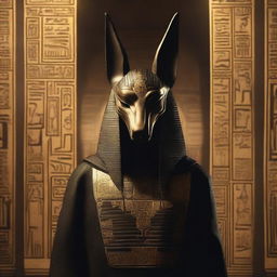 A person wearing an Anubis mask stands in a mysterious setting