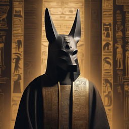 A person wearing an Anubis mask stands in a mysterious setting