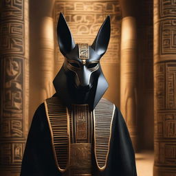 A person wearing an Anubis mask stands in a mysterious setting