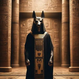 A person wearing an Anubis mask stands in a mysterious setting