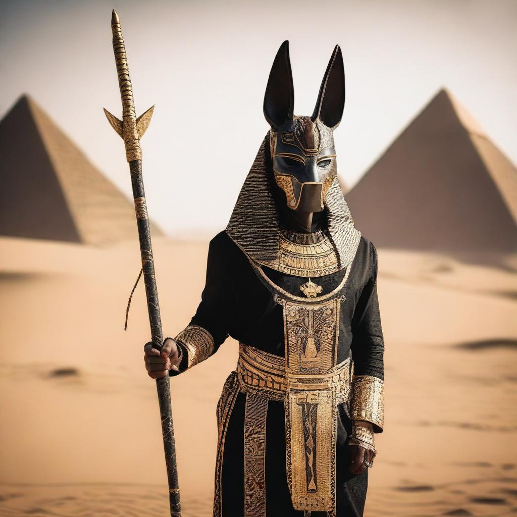 A person wearing an Anubis mask is holding a bow