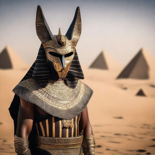 A person wearing an Anubis mask is holding a bow