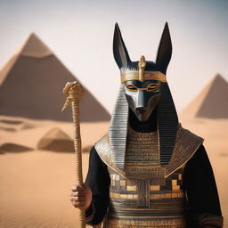 A person wearing an Anubis mask is holding a bow