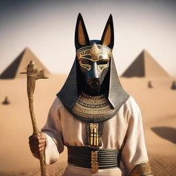 A person wearing an Anubis mask is holding a bow