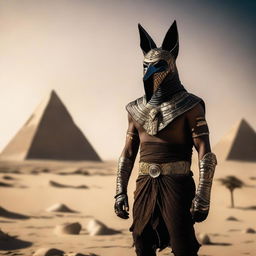 A person wearing an Anubis mask stands in tattered clothing