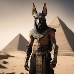 A person wearing an Anubis mask stands in tattered clothing