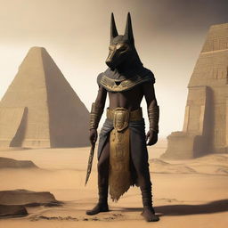 A person wearing an Anubis mask stands in tattered clothing