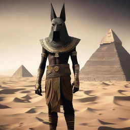 A person wearing an Anubis mask stands in tattered clothing