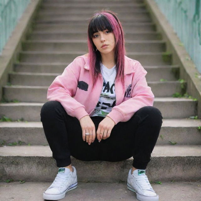 casual photograpy medium body, hip hop style clothes pink and black jacket, sneakers, female , 23 year old with green eyes and black long hai with withe streaks in the bangs .,freckles, selfo, graffiti background stairs, medium distance shot, 4k hd,  --styerw--v 5.2 ar 2-3