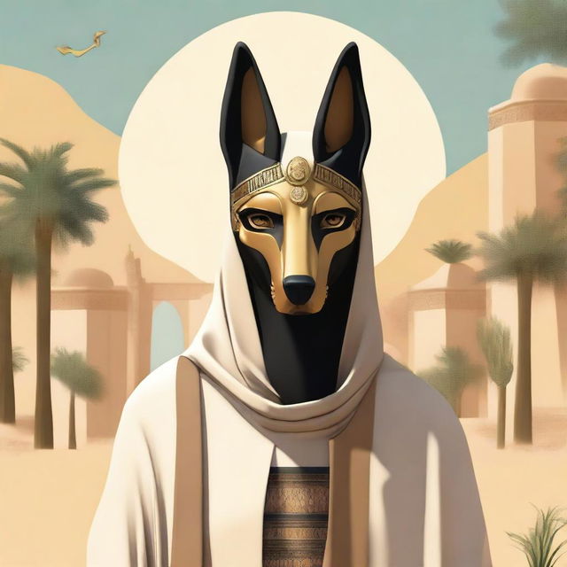 A person wearing a mask of Anubis and dressed in a hijab is standing in a serene setting