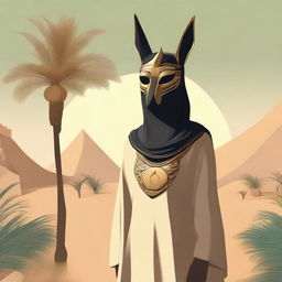 A person wearing a mask of Anubis and dressed in a hijab is standing in a serene setting