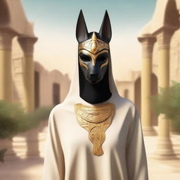 A person wearing a mask of Anubis and dressed in a hijab is standing in a serene setting