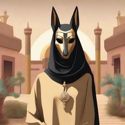 A person wearing a mask of Anubis and dressed in a hijab is standing in a serene setting