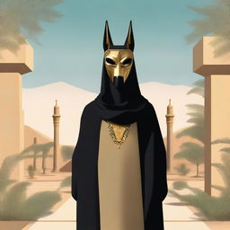 A person wearing a mask of Anubis and dressed in a black hijab is standing in a serene setting