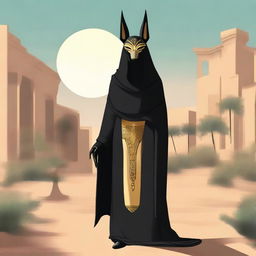 A person wearing a mask of Anubis and dressed in a black hijab is standing in a serene setting