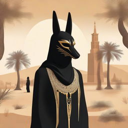 A person wearing a mask of Anubis and dressed in a black hijab is standing in a serene setting