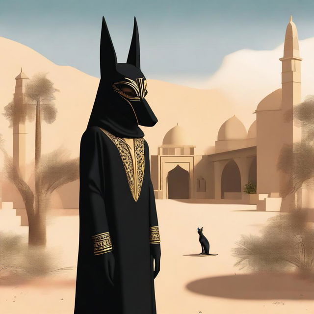 A person wearing a mask of Anubis and dressed in a black hijab is standing in a serene setting