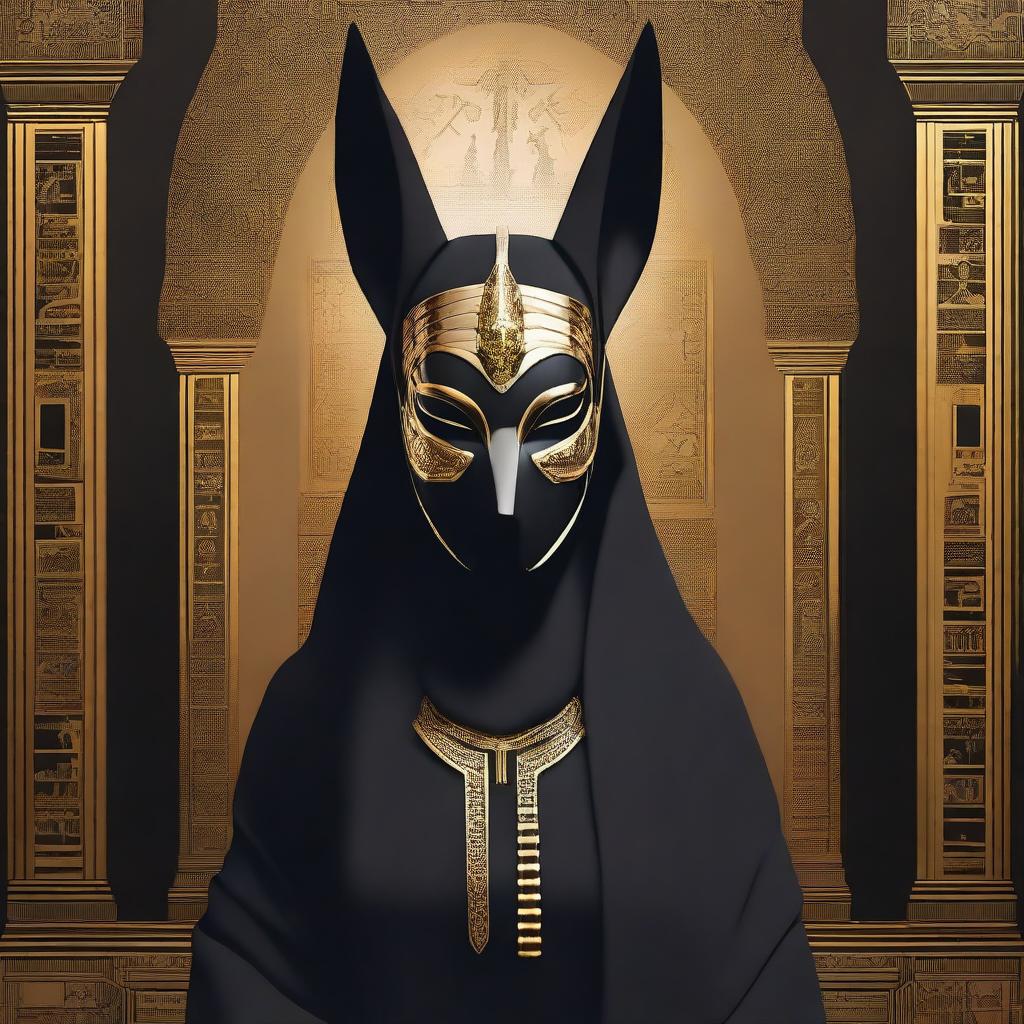 A person wearing an Anubis mask and dressed in a black hijab stands in a mysterious setting