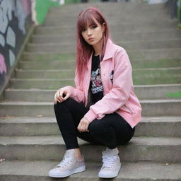 casual photograpy medium body, hip hop style clothes pink and black jacket, sneakers, female , 23 year old with green eyes and black long hai with withe streaks in the bangs .,freckles, selfo, graffiti background stairs, medium distance shot, 4k hd,  --styerw--v 5.2 ar 2-3