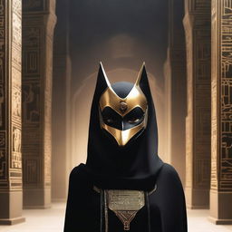 A person wearing an Anubis mask and dressed in a black hijab stands in a mysterious setting