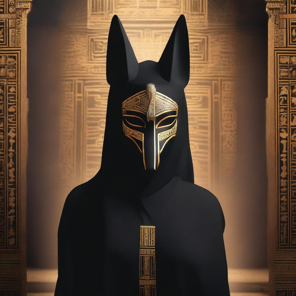 A person wearing an Anubis mask and dressed in a black hijab stands in a mysterious setting