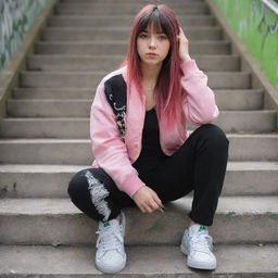 casual photograpy medium body, hip hop style clothes pink and black jacket, sneakers, female , 23 year old with green eyes and black long hai with withe streaks in the bangs .,freckles, selfo, graffiti background stairs, medium distance shot, 4k hd,  --styerw--v 5.2 ar 2-3