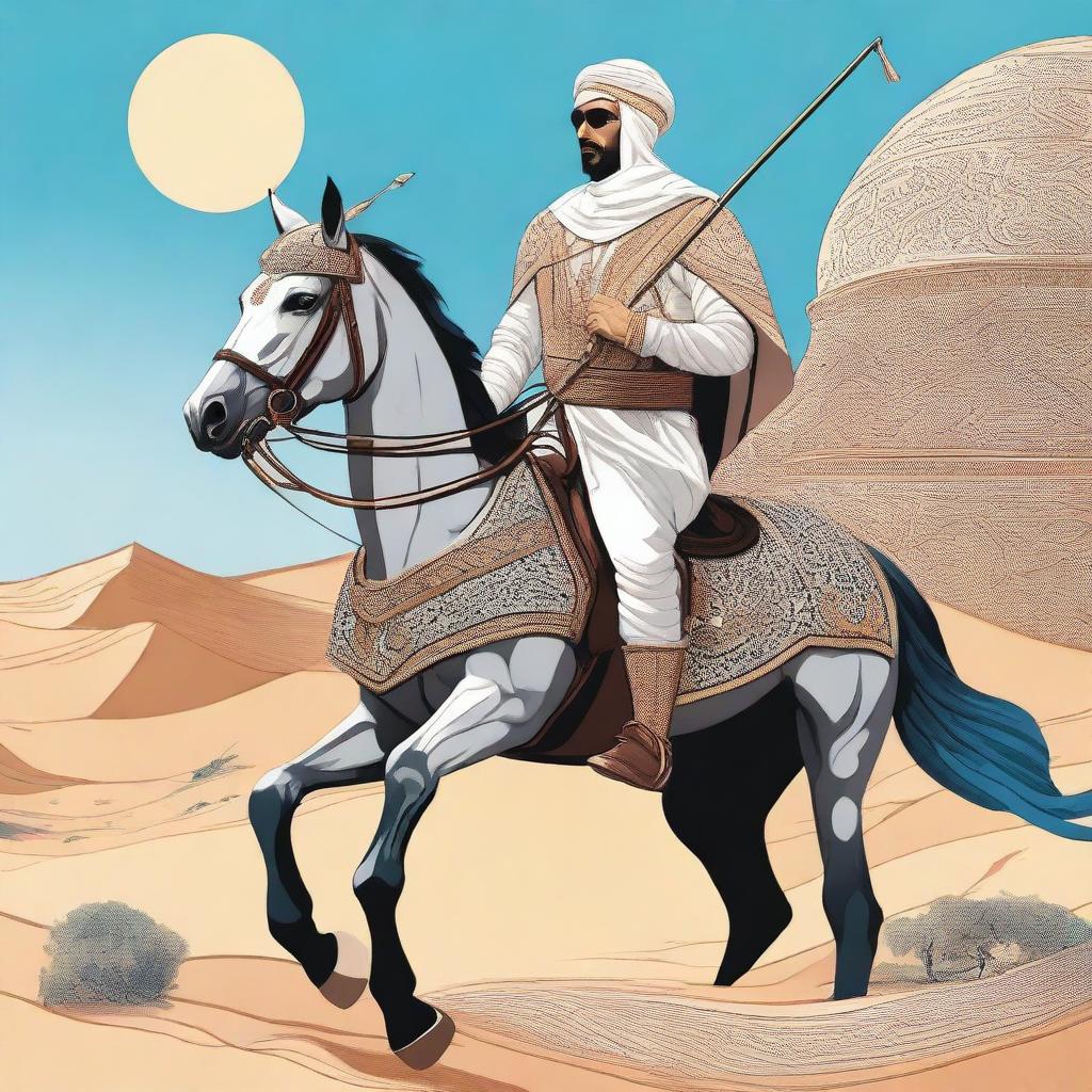 A detailed illustration of an Arabic rider soldier on horseback, wearing traditional military attire