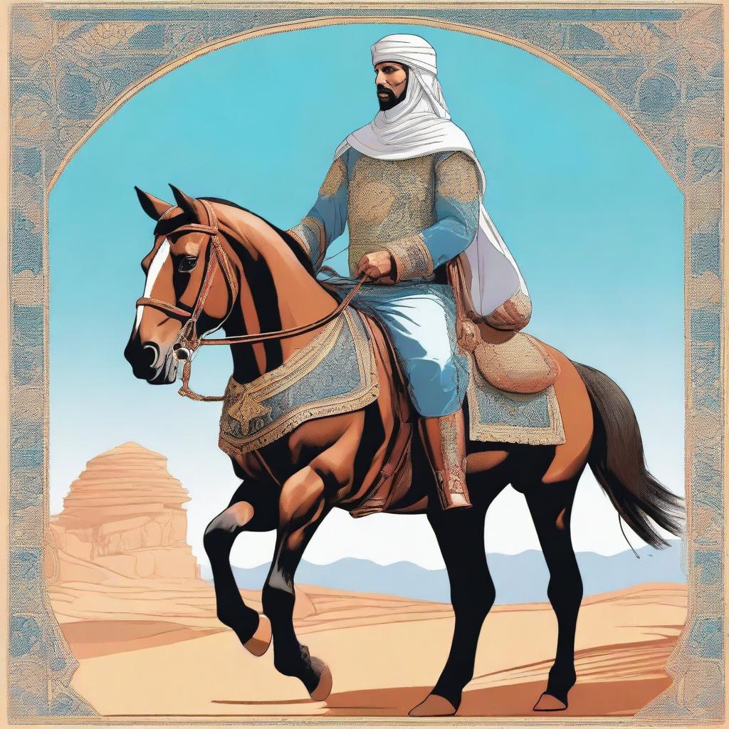 A detailed illustration of an Arabic rider soldier on horseback, wearing traditional military attire