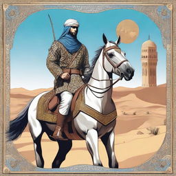 A detailed illustration of an Arabic rider soldier on horseback, wearing traditional military attire