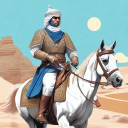 A detailed illustration of an Arabic rider soldier on horseback, wearing traditional military attire