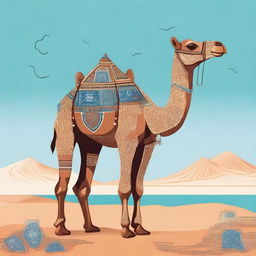 A detailed illustration of an Arabic animal, such as a camel, adorned with traditional decorations