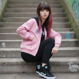 casual photograpy medium body, hip hop style clothes pink and black jacket, sneakers, female , 23 year old with green eyes and black long hai with withe streaks in the bangs .,freckles, selfo, graffiti background stairs, medium distance shot, 4k hd,  --styerw--v 5.2 ar 2-3