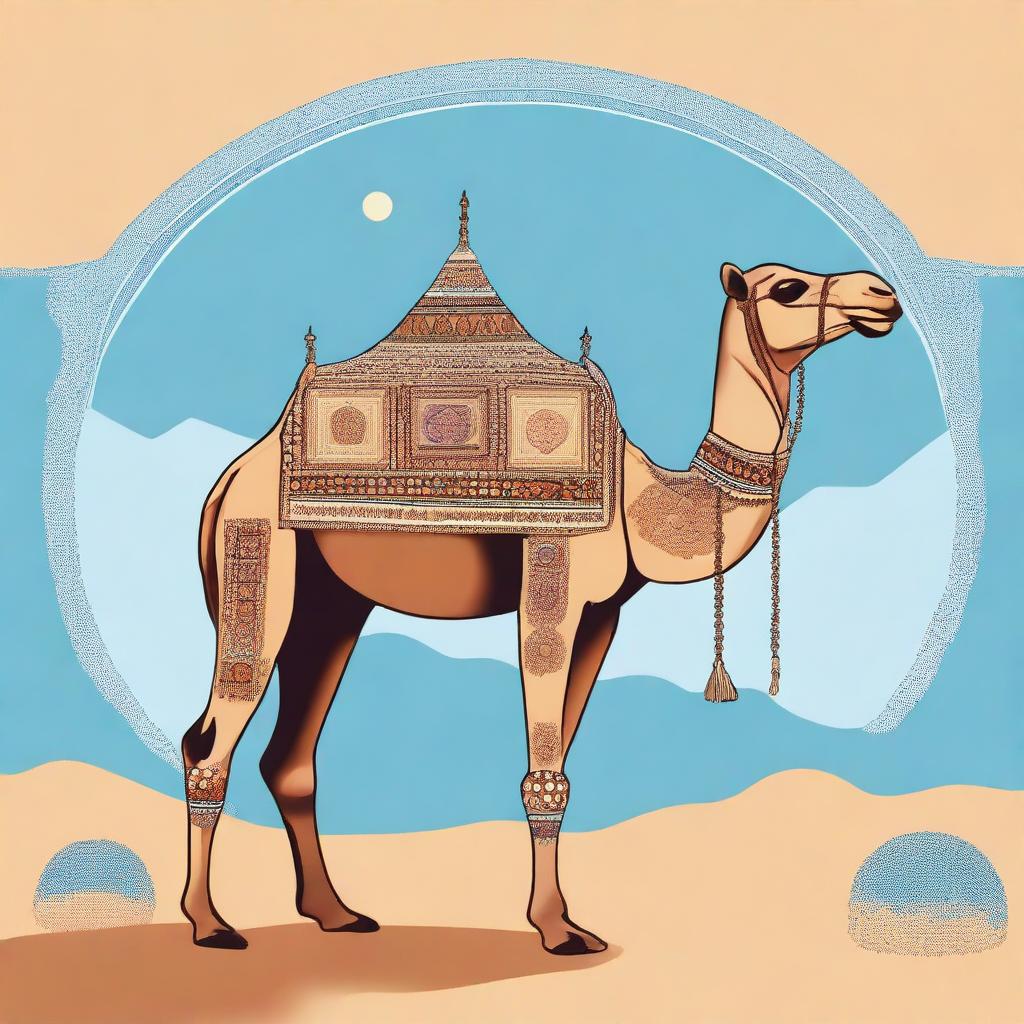 A detailed illustration of an Arabic animal, such as a camel, adorned with traditional decorations