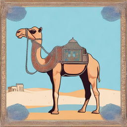 A detailed illustration of an Arabic animal, such as a camel, adorned with traditional decorations