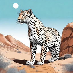 A detailed illustration of an Arabic wild animal, such as an Arabian leopard, in its natural habitat