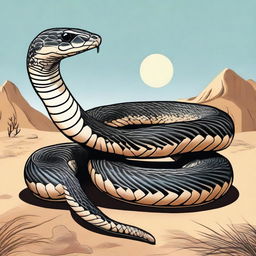 A detailed illustration of an Arabic snake, such as the Arabian cobra, in its natural habitat