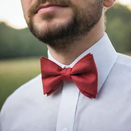 A man wearing a bow tie around the collar, uniquely designed to capture the exact shape of a maple leaf. This nature-inspired accessory replaces the traditional bow with a leaf shape.