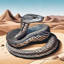 A detailed illustration of an Arabic snake, such as the Arabian cobra, in its natural habitat