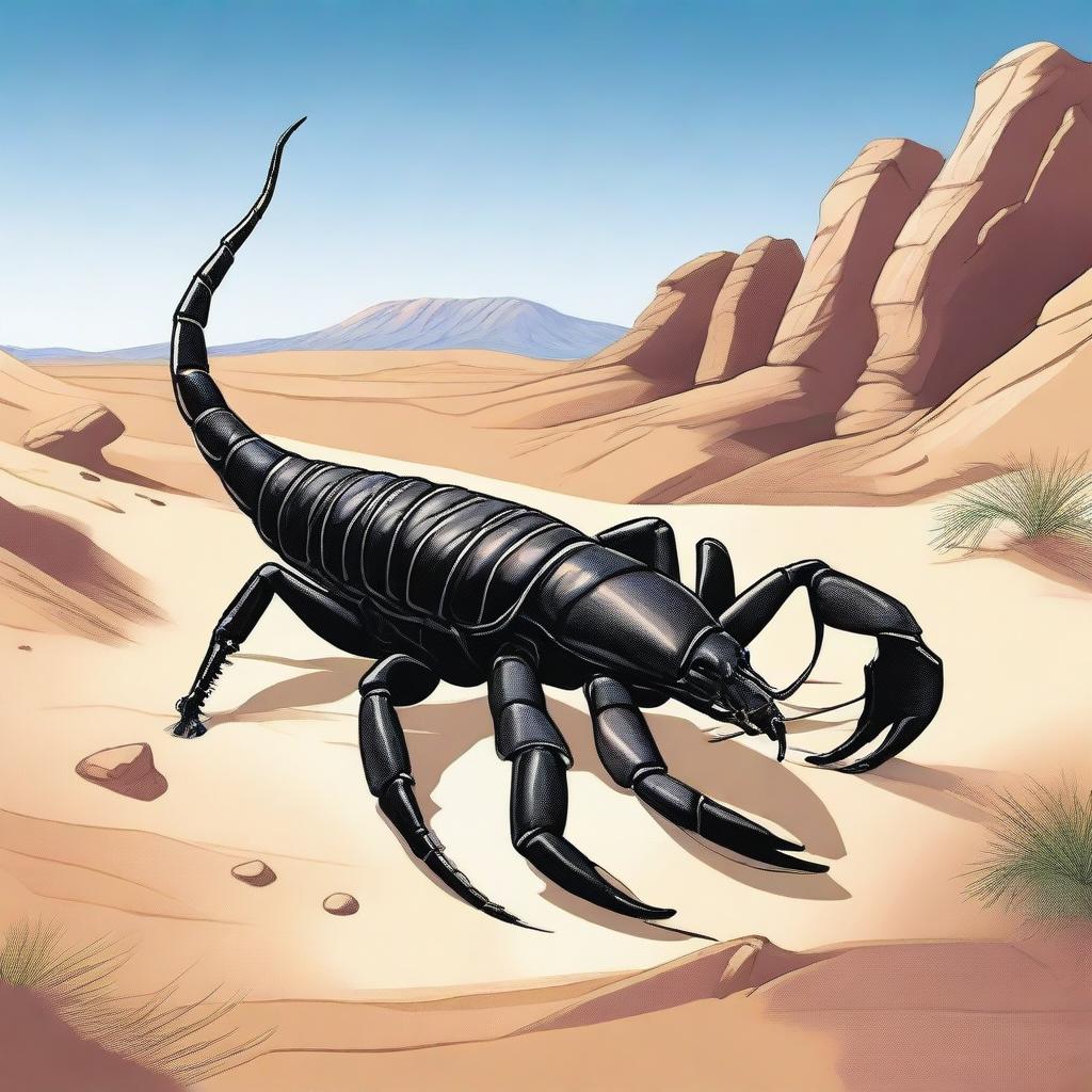 A detailed illustration of an Arabic scorpion, such as the Arabian fat-tailed scorpion, in its natural habitat