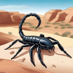 A detailed illustration of an Arabic scorpion, such as the Arabian fat-tailed scorpion, in its natural habitat