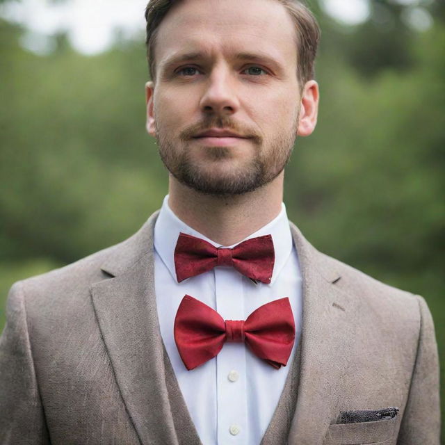 A man wearing a bow tie around the collar, uniquely designed to capture the exact shape of a maple leaf. This nature-inspired accessory replaces the traditional bow with a leaf shape.