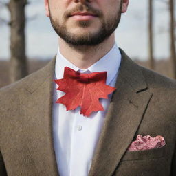 A man wearing a bow tie around the collar, uniquely designed to capture the exact shape of a maple leaf. This nature-inspired accessory replaces the traditional bow with a leaf shape.