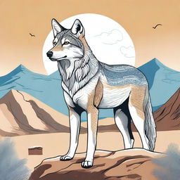 A detailed illustration of an Arabic wolf, such as the Arabian wolf, in its natural habitat