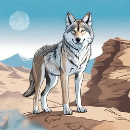 A detailed illustration of an Arabic wolf, such as the Arabian wolf, in its natural habitat